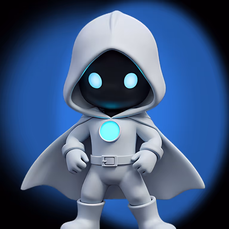 Personnage du SlotsVader Casino vêtu d'une cape blanche avec des yeux bleus brillants sur un fond bleu lumineux, symbole de la force du côté lumineux.