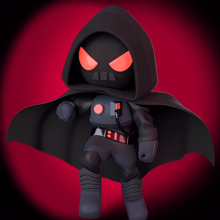 Personnage du SlotsVader Casino en tenue noire avec un sabre rouge, représentant le côté obscur du jeu.