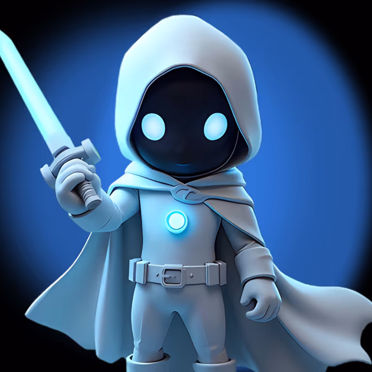 Guerrier galactique du SlotsVader Casino tenant un sabre laser bleu sur un fond bleu, symbole de victoire et de stratégie.