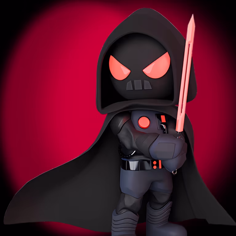 Héros du SlotsVader Casino vêtu de noir avec un sabre laser rouge brillant, incarnant la puissance et le mystère.